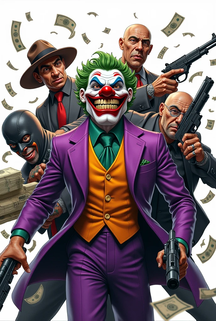 Create a drawing that has Uncle Scrooge together with the Joker and the Machine Gun brothers, involved in multiple currencies, tattoo design white background