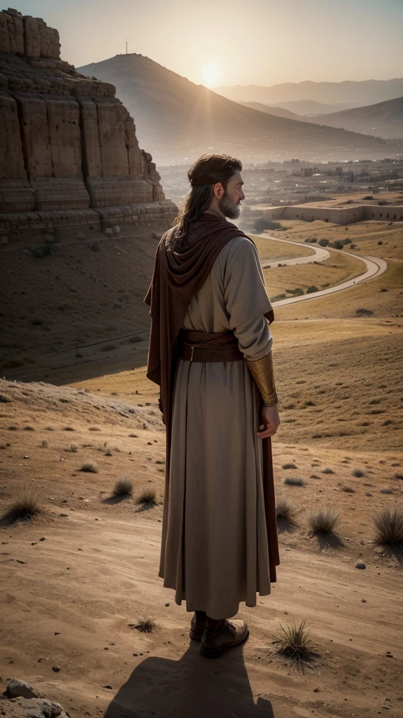 Artistic depiction of the prophet Samuel from behind, standing in an imposing pose, wearing historical garments typical of the biblical era, including a long tunic and cloak. The image should reflect a classical painting style, featuring a middle-aged man with visible graying hair on the sides, suggesting wisdom and authority. He is standing in a barren landscape typical of the ancient region of Ramah, Israel, with gentle hills in the background and an atmosphere of dawn or dusk that adds a tone of reverence and mystery. The scene should evoke a sense of purpose and greatness, capturing the essence of the Old Testament era.