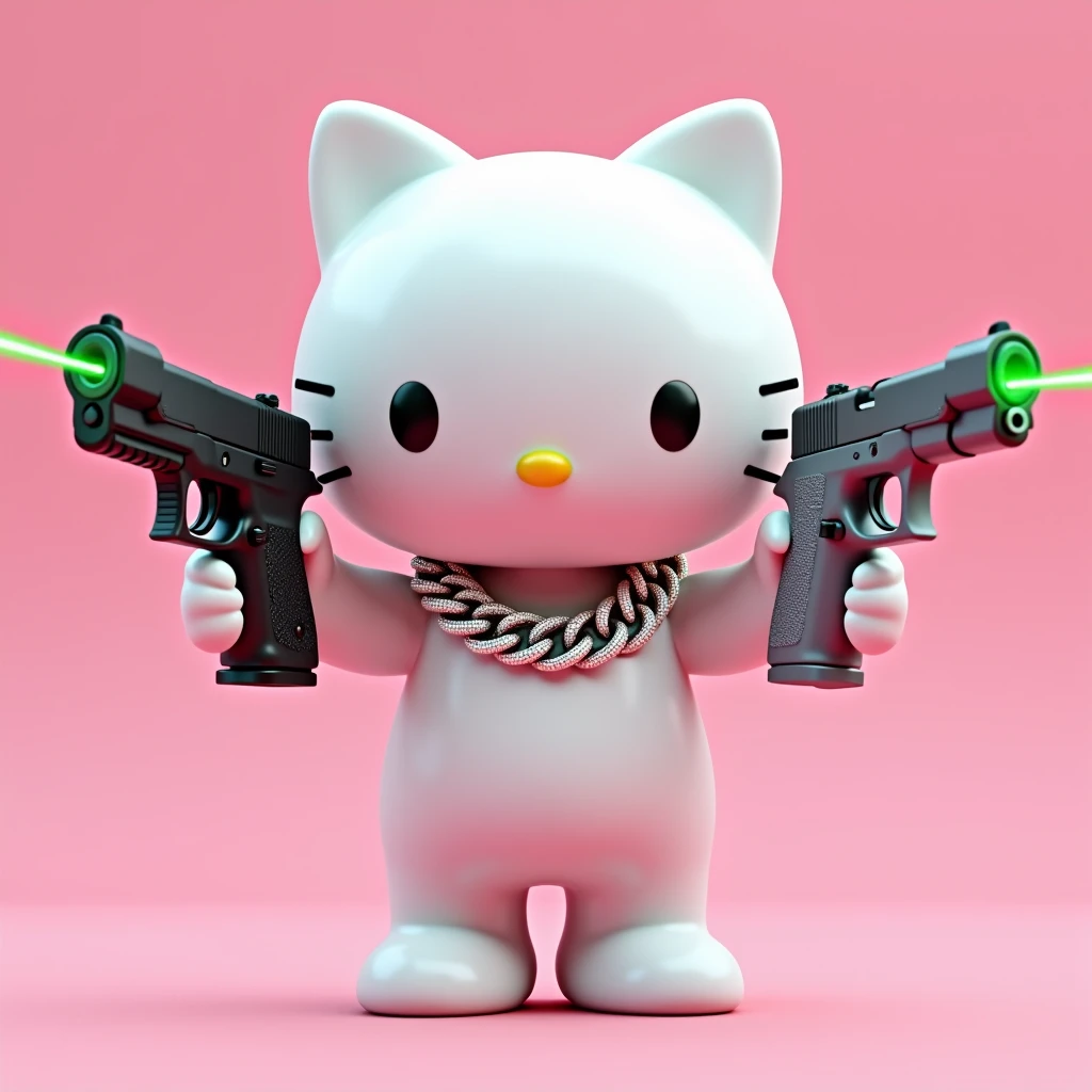 (Hello Kitty white) (3D format) (empty pink background) She has some diamond Cubans on her neck, In his left hand he has a black Glock. This Glock has a very powerful green laser., and in the other right hand he has a model 38 revolver, color gris (He is pointing the .38 revolver at the sky)