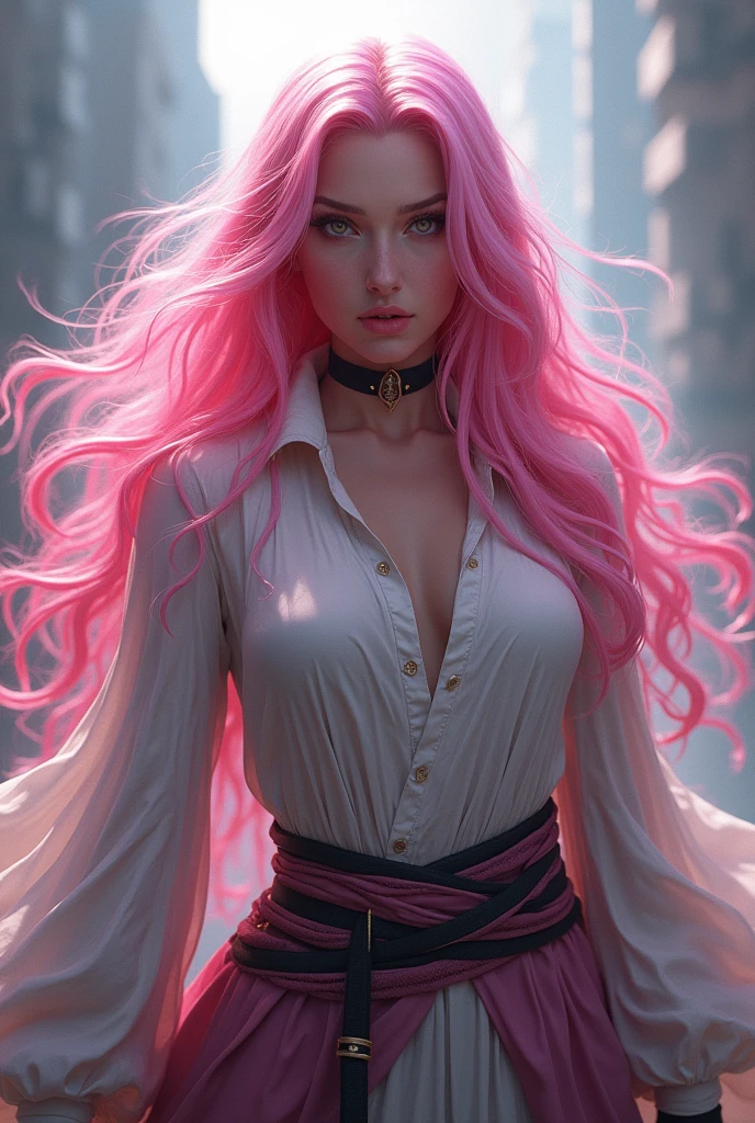 Beautiful girl with fair skin, long green and pink hair, wearing a white shirt, black skirt, black jartier, stiletto heel shoes, sits with her legs open on a table in a small room, Guy Denning style, dystopians style, futuristay realista, inspirado en Moebius. Calidad impecable, 32K resolution.
