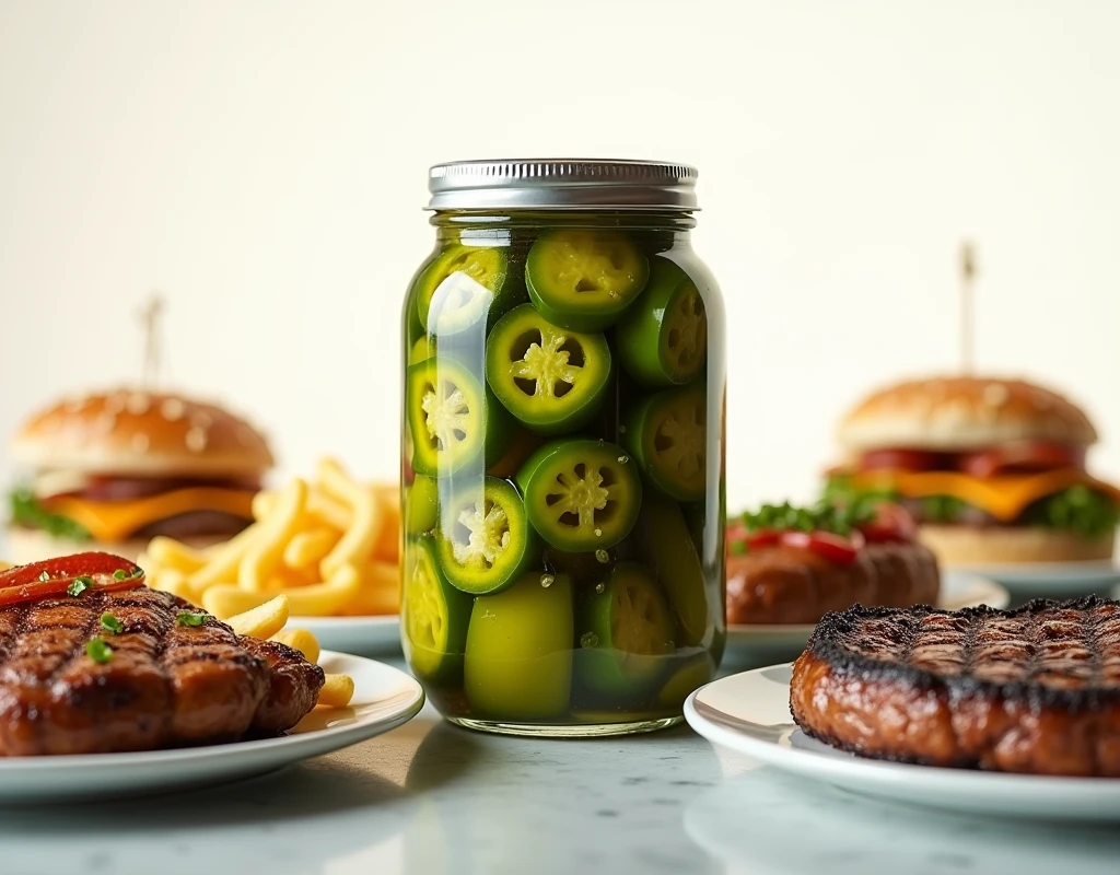 Create a commercial photo with a jar of pickled jalapeños as the center of the image and various food menus are placed on plates in a circle around it, such as hamburgers, sandwiches, steaks, French fries. White background, realistic image, 4k resolution, natural light.