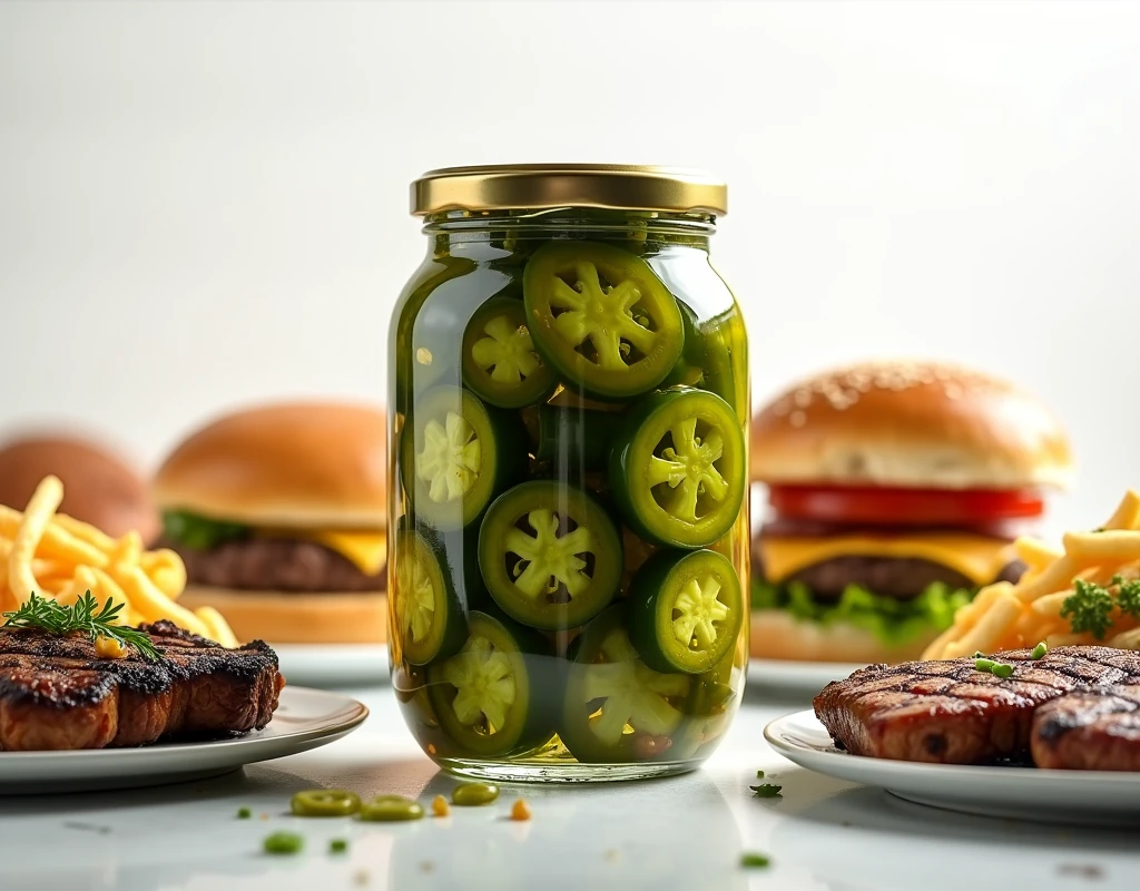 Create a commercial photo with a jar of pickled jalapeños as the center of the image and various food menus are placed on plates in a circle around it, such as hamburgers, sandwiches, steaks, French fries. White background, realistic image, 4k resolution, natural light.