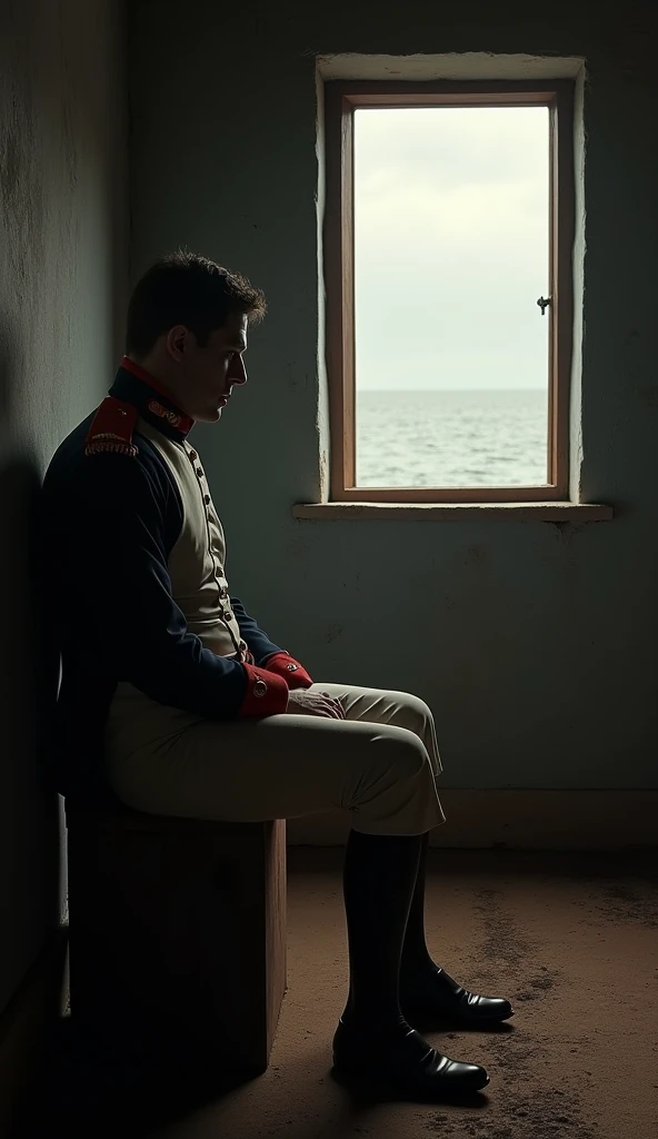 Napoleon Bonaparte in exile on the island of Elba, sitting alone in a modest room, deep in thought, wearing a simple military uniform, a small window showing the sea in the background, dim lighting, a sense of isolation and defeat, hyper-realistic, photo realism, cinematography -- ar 9:16