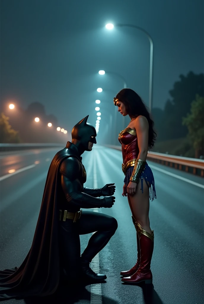 A bat man proposing a wonder woman in night in
 highway 