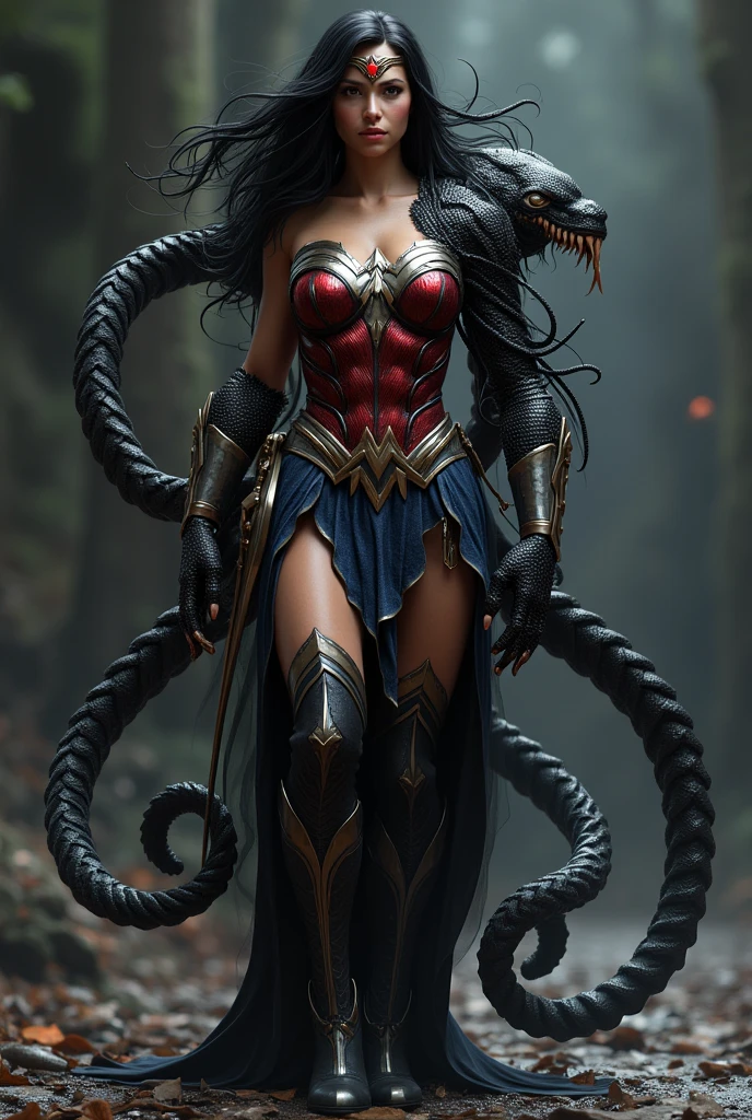 (((A beautiful woman with long black hair under the mantle of the Amazon warrior Wonder Woman corset headband in black metal with a red star on her forehead long boots up to her knees possessed by the Spiderman Symbiote)))