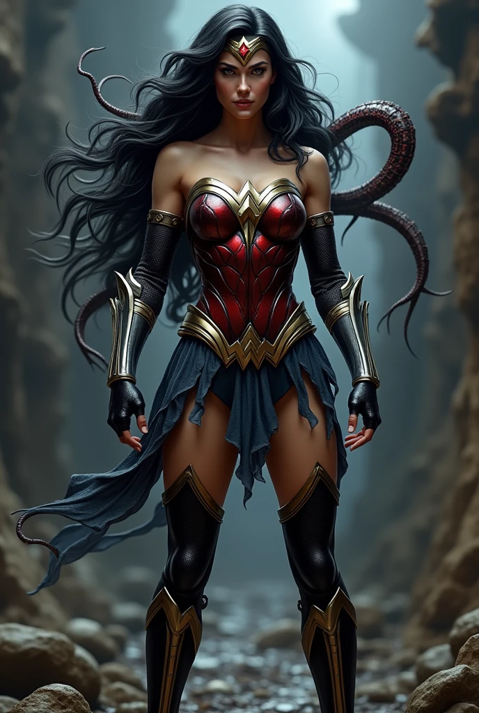 (((A beautiful woman with long black hair under the mantle of the Amazon warrior Wonder Woman corset headband in black metal with a red star on her forehead long boots up to her knees possessed by the Spiderman Symbiote)))