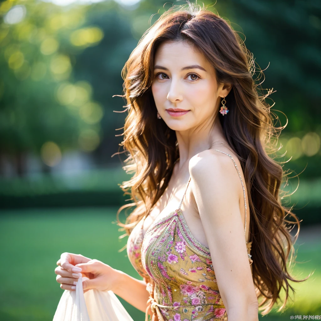 Beautiful mature woman with beautiful wavy long hair, Sexy Mature, sexy bohemian dress, Ultra-high resolution,(Realistic:1.4), ((Highest quality)), ((masterpiece)), (be familiar with),