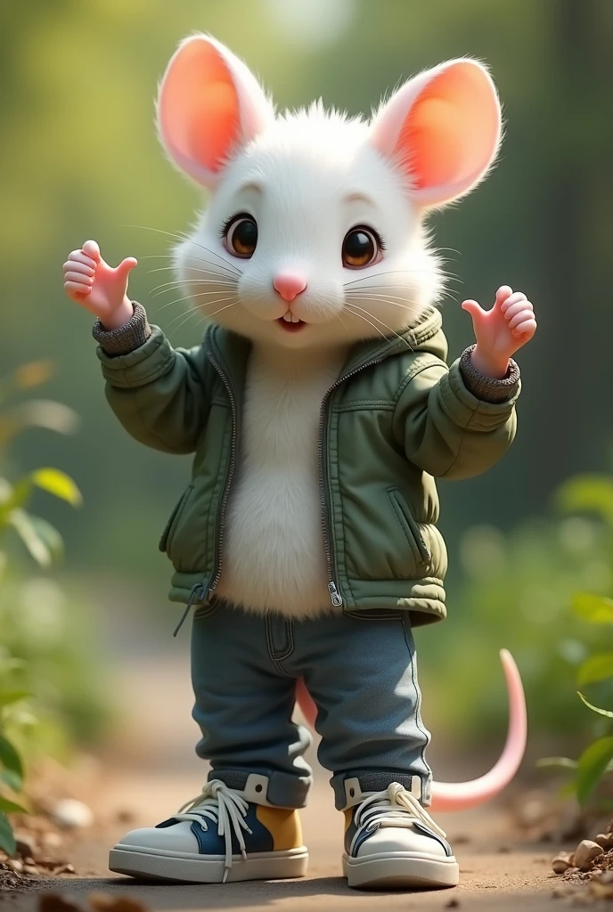 White mouse posing as a teenager Standing in sneakers and jacket, in an environmental park, with hands up, relogio no pulso