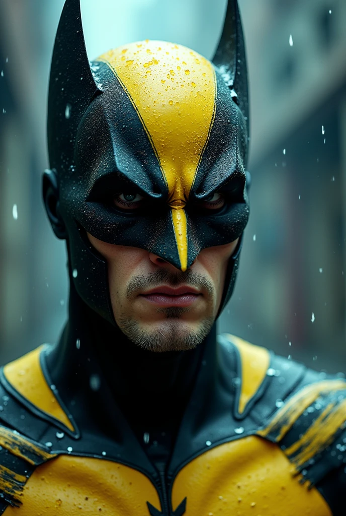 Rain, fragments, particles blender Extreme close-up face 
Actor asian Akira kaneda's batman mixed wolverine creepy monstrous scary as batman fusion wolverine Year 2099s from X-Men's filmed by ZackSnyder, wolverine dress traje semi rasgado , fighting against thugs X-men Full body , traje rasgado semi Pearl yellow black neon-infused psicodélic fragments splash Snowflakes X-shaped stripes raytracing  fashion Week , variant angles, captured with award-winning photography technique, cinematic, dark environment, bokeh, grainy, urban-xmen setting, blurry, IMAx, filmed with Kodak portrait 400, 200mm, f2.8, high resolution, teal filter.Adicione efeitos com chuva, e. Novas cores e trajes diferente em cenas imagens feita,  