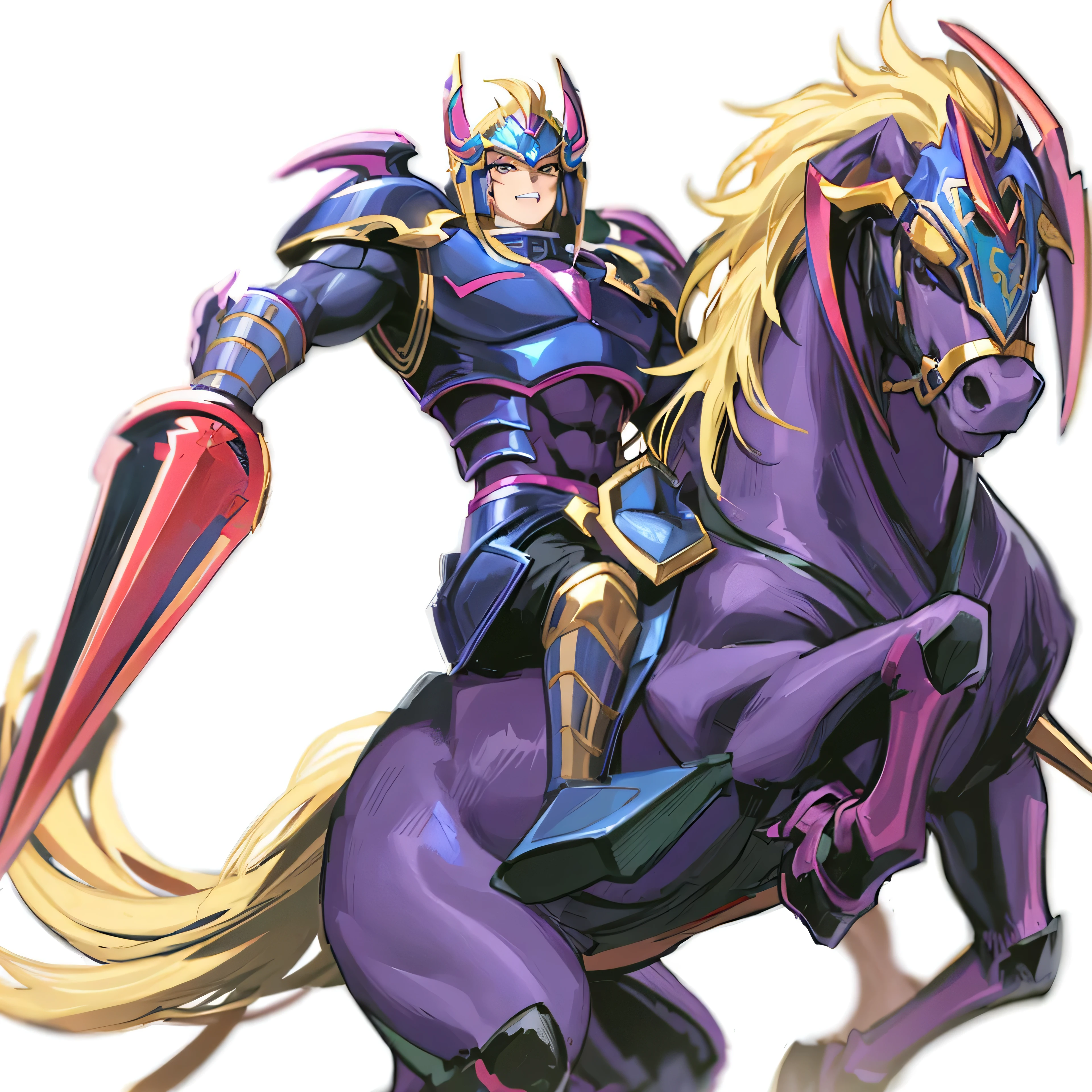 anime character riding a horse with a sword and shield, guyver style, furio tedesschi, omoide emanon, guyver dark hero, horse warrior, masamune shiro, cheval michael, gurenn lagann, rimight, alphonse musha, gurren lagan, saint seiya, guyver, dio brando, (Masterpiece), (best detail), (Best quality), (((2D))), happy, small, (Young), good-looking