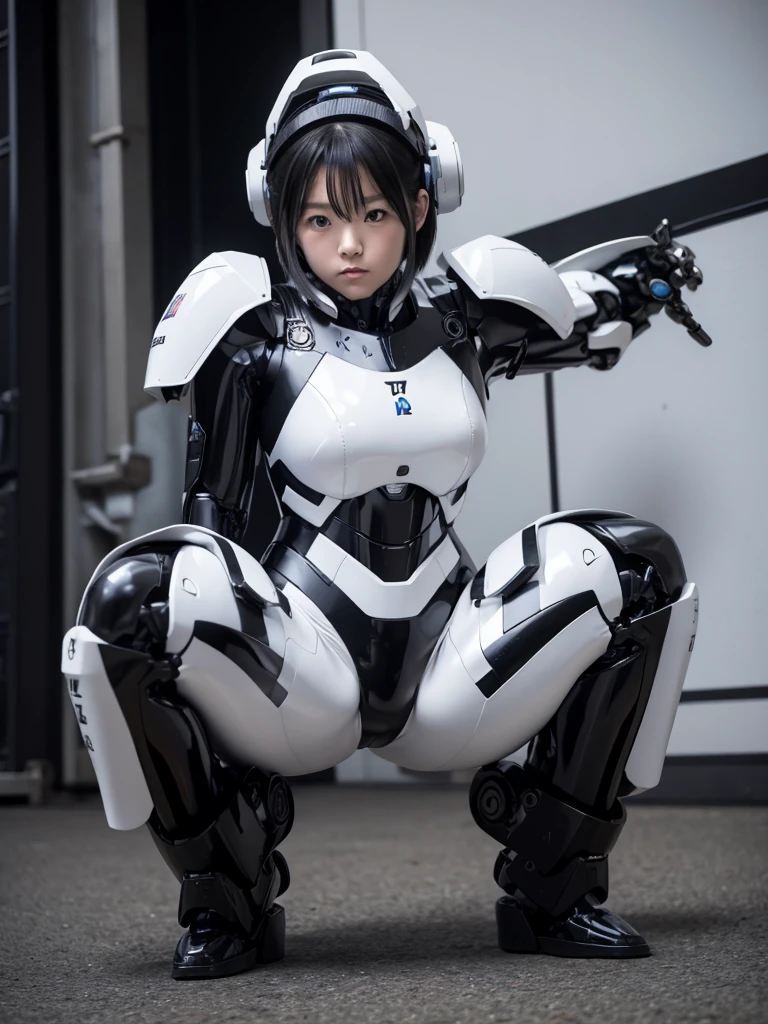Japanese woman in a black and white robot suit,Plump,Squat,