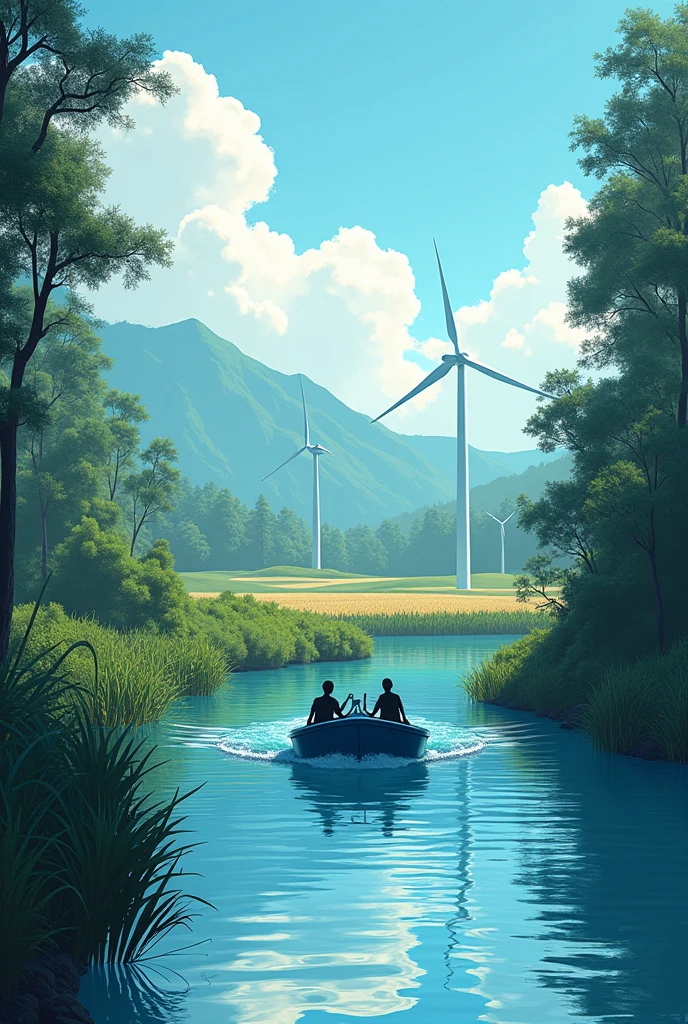 A big river with a small blue boat with two crew members, In the background, native forest from southern Chile and in the background a wind farm on a field of corn and wheat