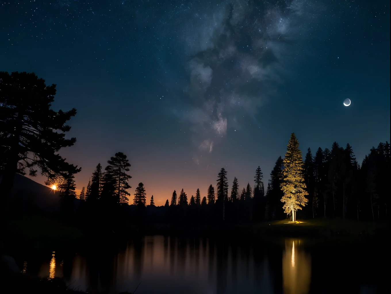 a beautiful ethereal moonlit landscape, a mystical moon hanging in a starry night sky, a serene lake reflecting the moonlight, tall ancient trees silhouetted against the glowing moon, a lone figure standing on a cliff gazing up at the moon, dramatic chiaroscuro lighting, cinematic composition, vibrant colors, stunning realism, 8k, photorealistic, masterpiece