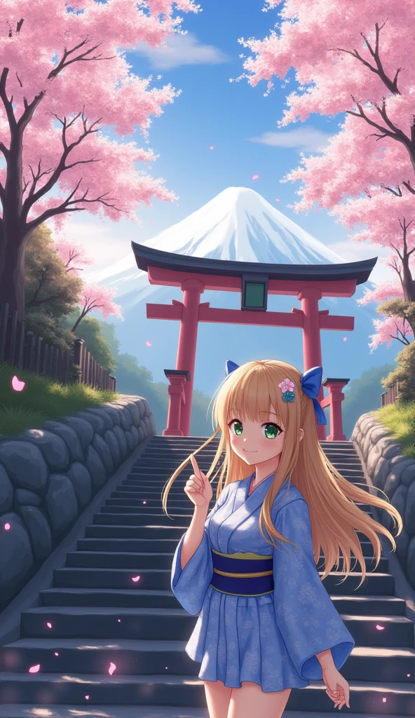(((masterpiece: 1,5, best quality, high resolution, super resolution, ultra detailed: 1,2, rich background: 1,4))), (close up), (1girl), solo, green eyes, blonde long hair tied with blue ribbon, hair ornament, blunt bangs, smiling, highschool girl, medium breast, ((hand on the air)), japanese clothes, (blue short pattern kimono), sandals, ribbon, obi, ((outdoor)), cherry blossom, (torii gate), stone staircase, sky (afternoon), cherry blossoms fall, ((dramatic light: 1,3)), cloudy, (fuji scenery behind)