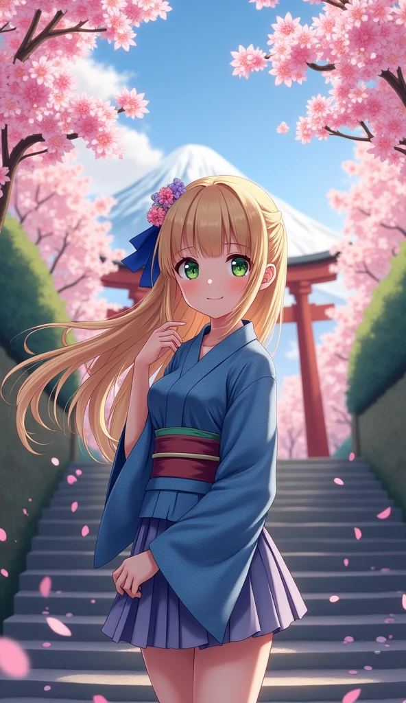 (((masterpiece: 1,5, best quality, high resolution, super resolution, ultra detailed: 1,2, rich background: 1,4))), (close up), (1girl), solo, green eyes, blonde long hair tied with blue ribbon, hair ornament, blunt bangs, smiling, highschool girl, medium breast, ((hand on the air)), japanese clothes, (blue short pattern kimono), sandals, ribbon, obi, ((outdoor)), cherry blossom, (torii gate), stone staircase, sky (afternoon), cherry blossoms fall, ((dramatic light: 1,3)), cloudy, (fuji scenery behind)