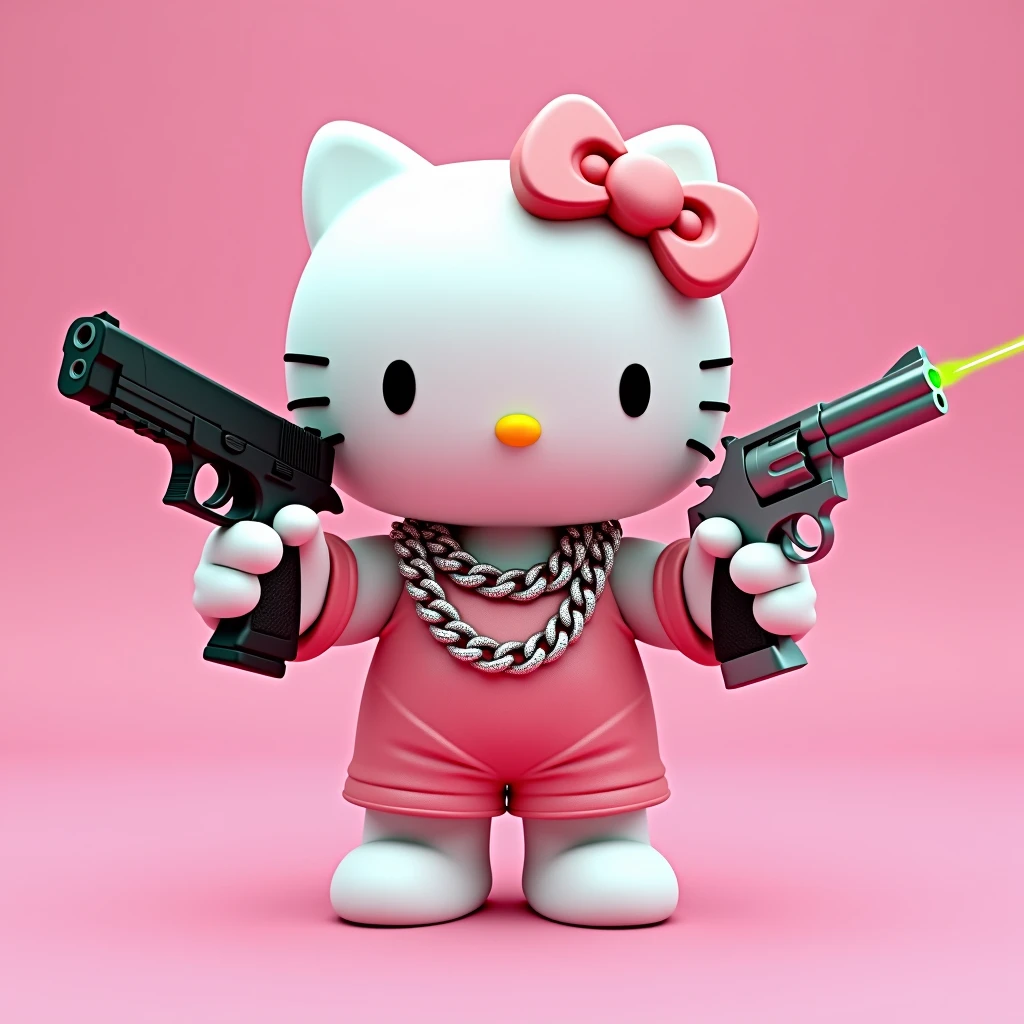 (Hello Kitty white) (3D format) (empty pink background) She has some diamond Cubans on her neck, In his left hand he has a black Glock. This Glock has a very powerful green laser., and in the other right hand he has a model 38 revolver, color gris (He is pointing the .38 revolver at the sky)