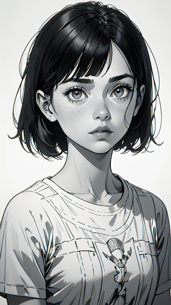 1 boyish girl, solo, sharp eyes, monochrome, greyscale, short black hair, portrait, white T-shirt, thin eyebrows, closed mouth, looking at viewer, graphite \(medium\), detailed lips, hatching \(texture\), without makeup, full bangs, upper body, (best illustration), (best quality), (very detailed), (masterpiece), expressionless,