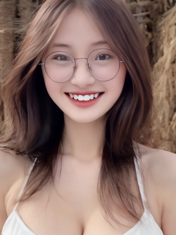 ((best quality)), realistic, Optical Realism, realistic, high resolution, beautiful, Young face,20 years old,chubby girl, white skin, Pale skin,smile, gigantic colossal breasts:1.3, Fighting posture, Looking at the camera, (detailed face), long wavy hair, blonde hair, (Wear white bikini), half figure, half body shot,