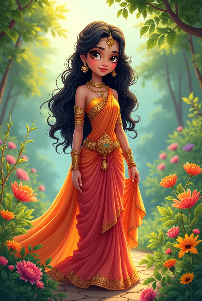 Radha Rani, who is standing in the garden, is wearing very beautiful clothes and has done a wonderful adornment. She is filled with compassion. Goodness is reflected in her eyes.create a cartoon image of that.