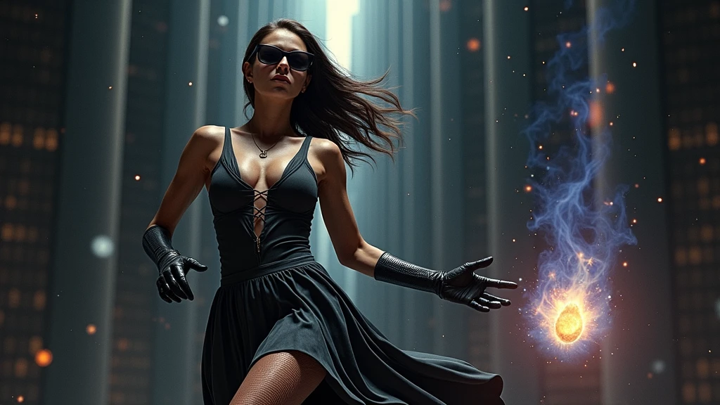 A young futuristic female sorcerer with a glowing floating small crystal stone, releasing mysterial spell and magical power, facing and defeating dark forces and beings. She stands with her right hand raised forward with a blue fire of light, at night, (1girl, solo, alone), photorealistic, large-breast slim:0.6 body, oval:0.5 face, cleavage:1.1, very low angle view of pleated miniskirt, deep-v, (upskirt), glove, (Matrix style black micro sunglasses), dynamic running pose, (half-body thigh level close-up shot), cinematic lighting, ray tracing, motion blur background.