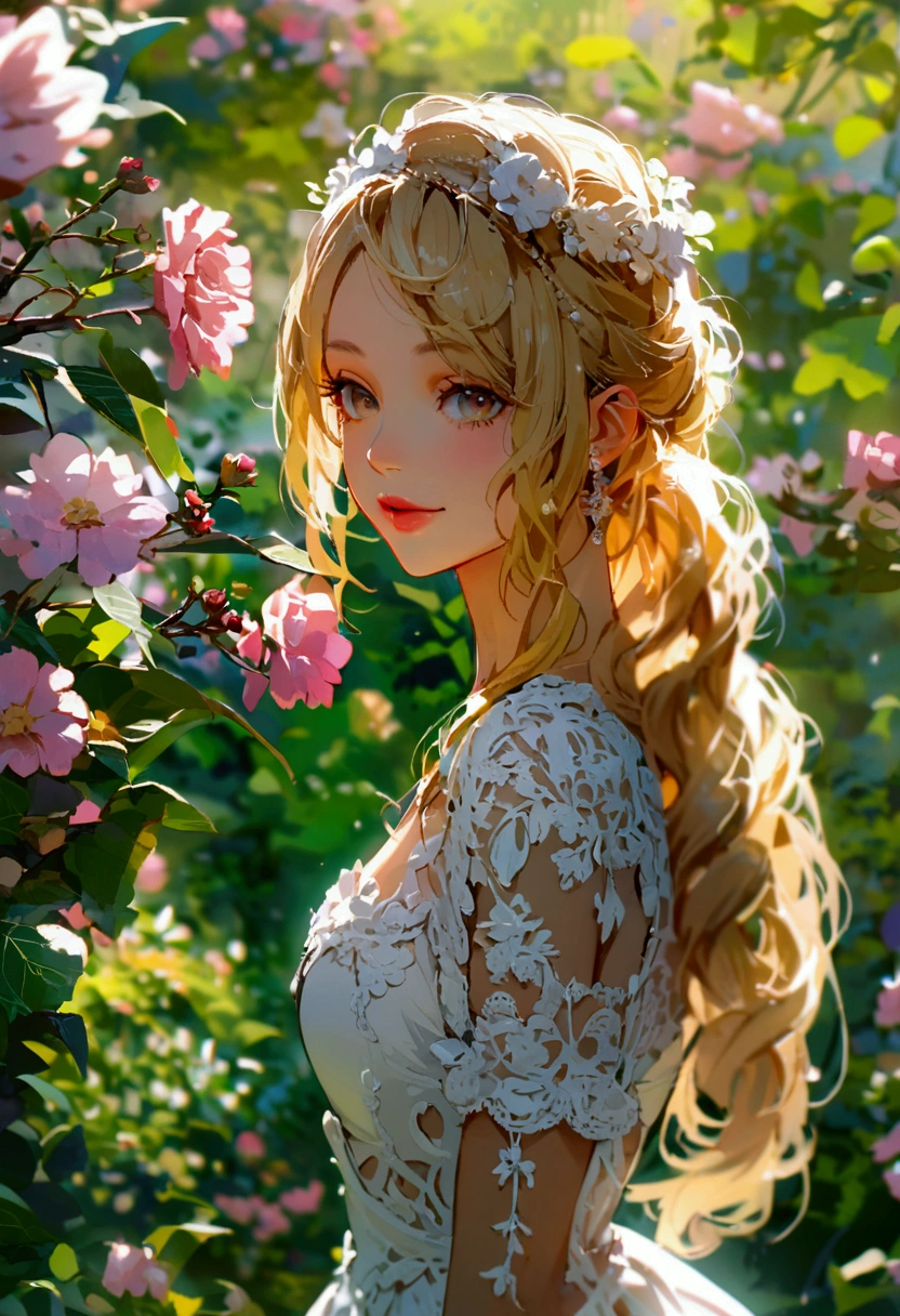 Blonde girl wearing a white fishtail dress is posing for a photo in the garden