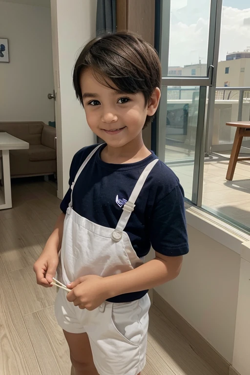 A candid photo of a  with a short haircut, smiling and wearing a navy blue shirt with a small white logo on the chest. The child is stg next to an adult who is holding chopsticks. The setting appears to be indoors, with a modern design featuring gray flooring, a glass balcony railing, and a tiled wall. The child is lookinghe side with a happy expression, creating a warm and joyful atmosphere.