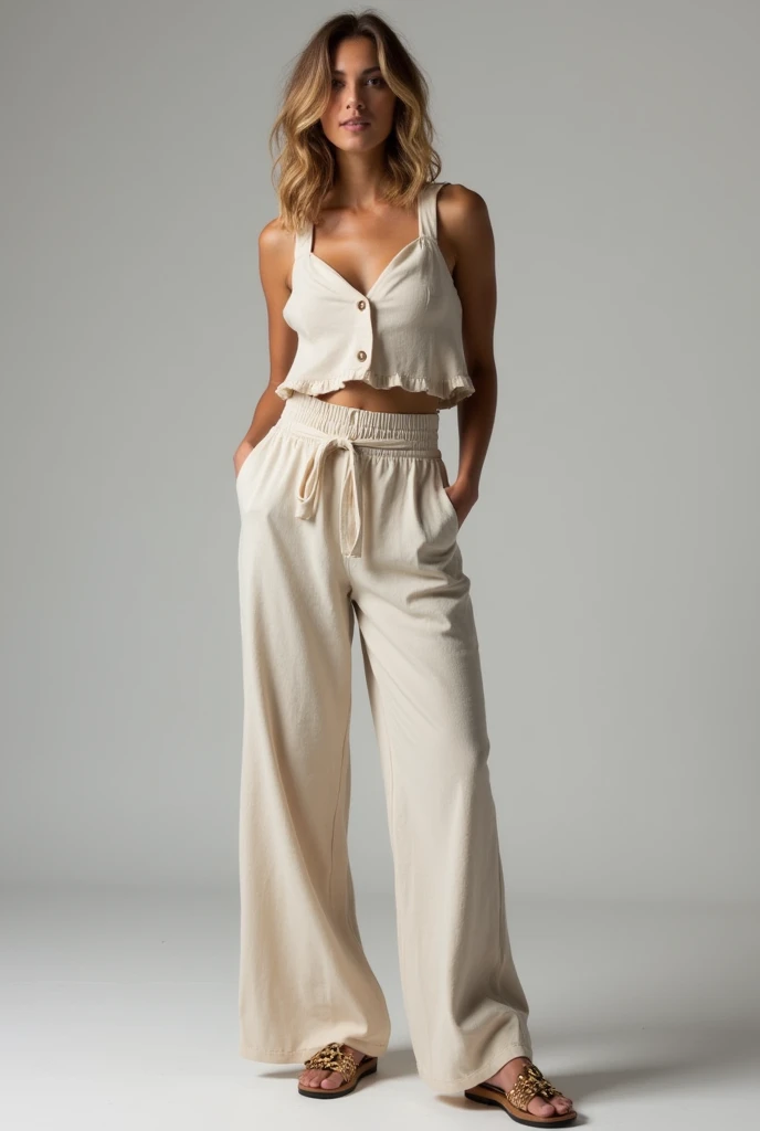 With linen palazzo pants and cropped top with links