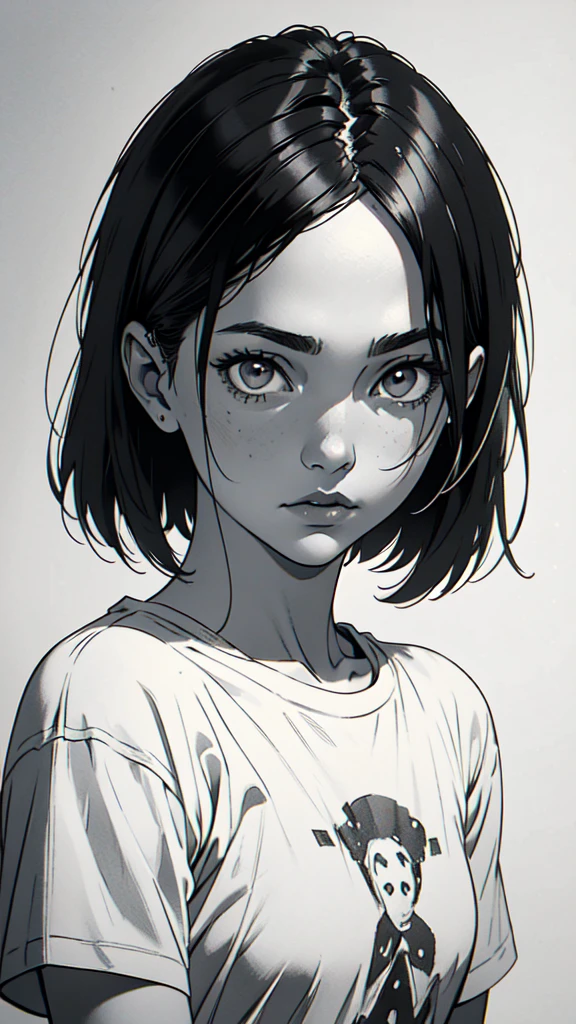 1 boyish girl, solo, sharp eyes, monochrome, greyscale, short black hair, portrait, white T-shirt, thin eyebrows, closed mouth, looking at viewer, graphite \(medium\), detailed lips, hatching \(texture\), without makeup, full bangs, upper body, (best illustration), (best quality), (very detailed), (masterpiece), expressionless,