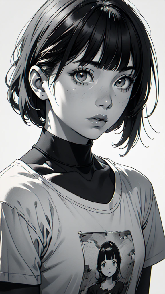 1 boyish girl, solo, sharp eyes, monochrome, greyscale, short black hair, portrait, white T-shirt, thin eyebrows, closed mouth, looking at viewer, graphite \(medium\), detailed lips, hatching \(texture\), without makeup, full bangs, upper body, (best illustration), (best quality), (very detailed), (masterpiece), expressionless,