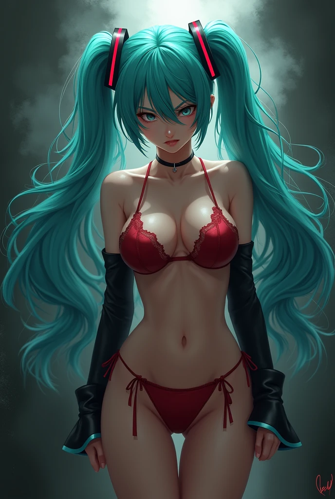 HDR, CG, sharp focus,(8k), (4k), (Masterpiece), (Best Quality), fantasy, extremely detailed, intricate, hyper detailed, (perfect face:1.3), (perfect eyes), illustration,soft lighting,(specular lighting:1.4), highres, absurdres, best quality, 1girl, rebecca \(cyberpunk\), solo, twintails, black hairband mechanical eye, colored sclera, red sclera, colored skin, white skin, leg tattoo, neck tattoo, green hair, small breasts, black bra, thong, red pupils, skin fang, red eyes, black jacket, narrow waist, wide hips, thick thighs, standing, sexy pose, smile