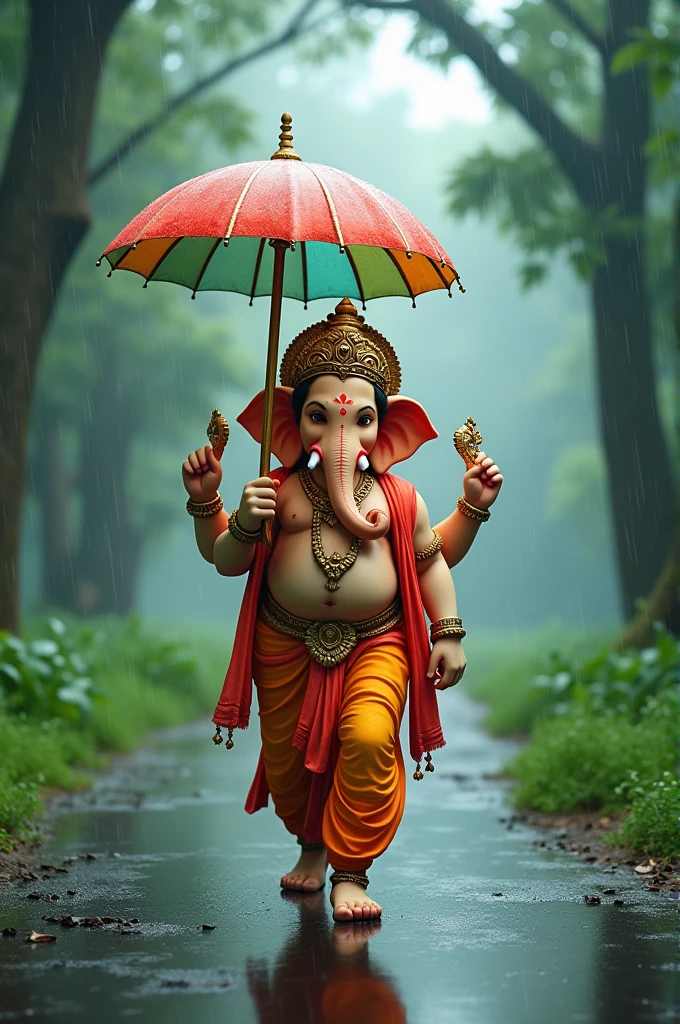 God Ganesh walking on  road with umbrella raining here had crown beautiful view greenary trees 