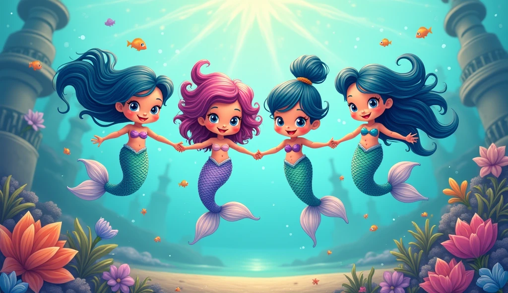 in a more childish image, show 4 mermaids swimming through the imaginary kingdom of Atlantis