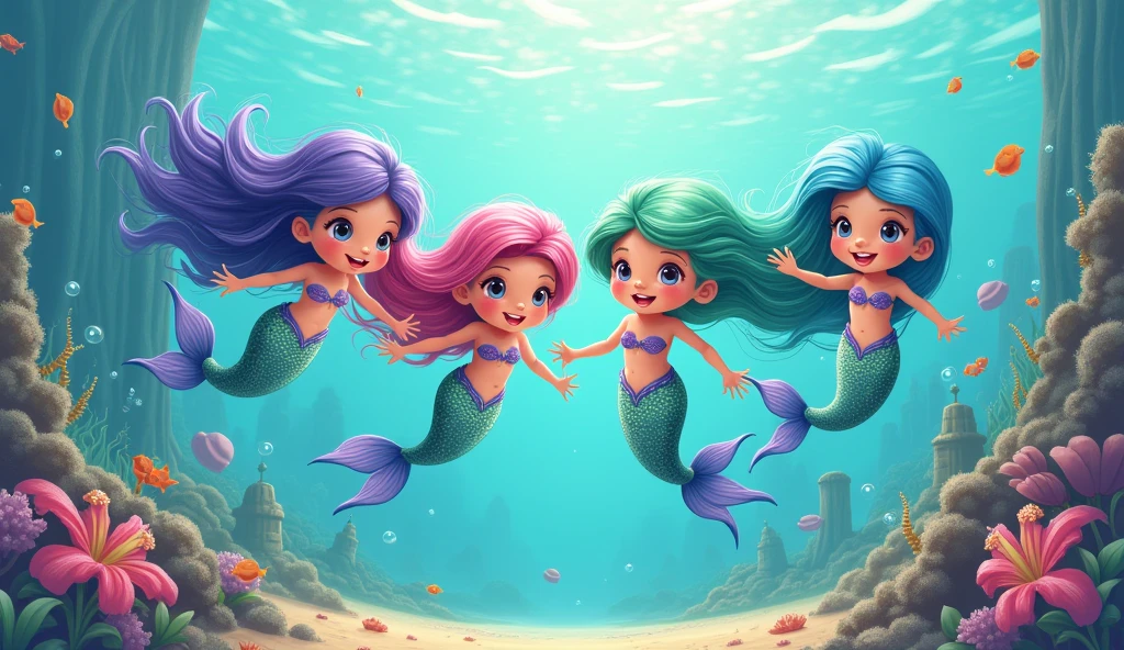 in a more childish image, show 4 mermaids swimming through the imaginary kingdom of Atlantis