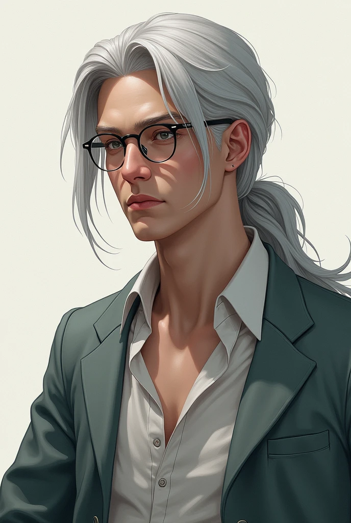 male Silver Hair Long Hair Tie at back Glasses shirt Open collar researcher Cold look
