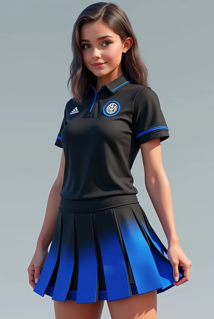 Make a girl in a cheerleading uniform, Your uniform should be designed like the Inter Milan training team uniform for the year 2021, The girl must wear a skirt with six straight planks that have black on the top of the plank and blue on the bottom., that the girl is not holding her skirt so that the skirt can be appreciated properly, and the shirt must be a polo