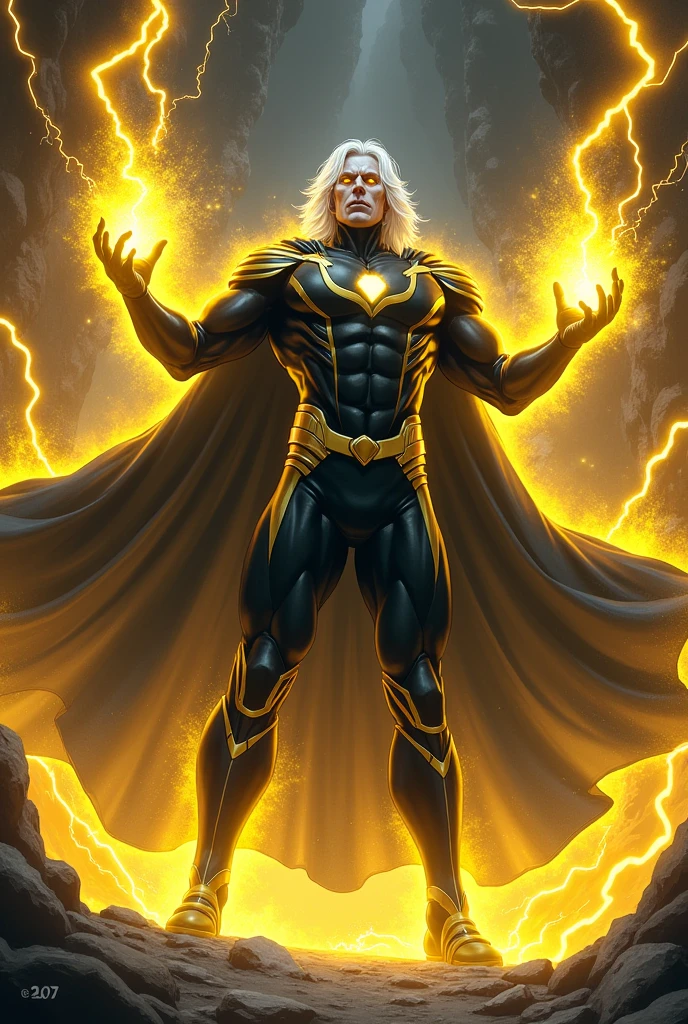 White haired muscular superhero wearing a black uniform with yellow stripes golden sleeves of hands hands raised releasing chains of yellow lightning wearing a black cape white skin color yellow eyes cave setting