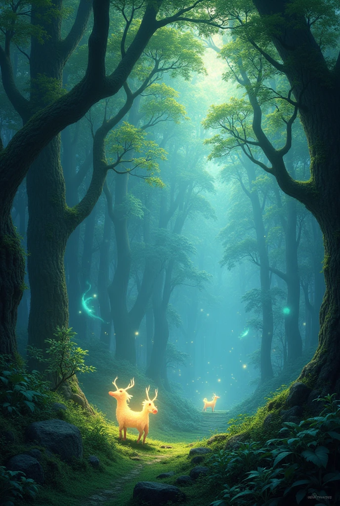 An enchanted forest with magical glowing creatures, glittering spells in the air, and mysterious magical phenomena.