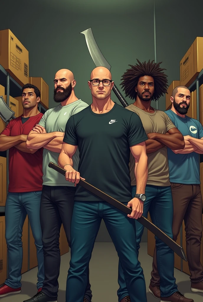 Four white men and one mulatto looking at the camera holding bladed weapons described below for each one , 1 bearded bald man with cleaver, second with hair, beard and glasses with a Nike shirt with a katana in his hand , third a tall bald white man without a beard with a viking body with a guts sword ,the fourth a chubby guy with hair and beard with a fishbone, fifth with tall and strong nudreds hair and with sword, in the background of the image shelves and stock boxes