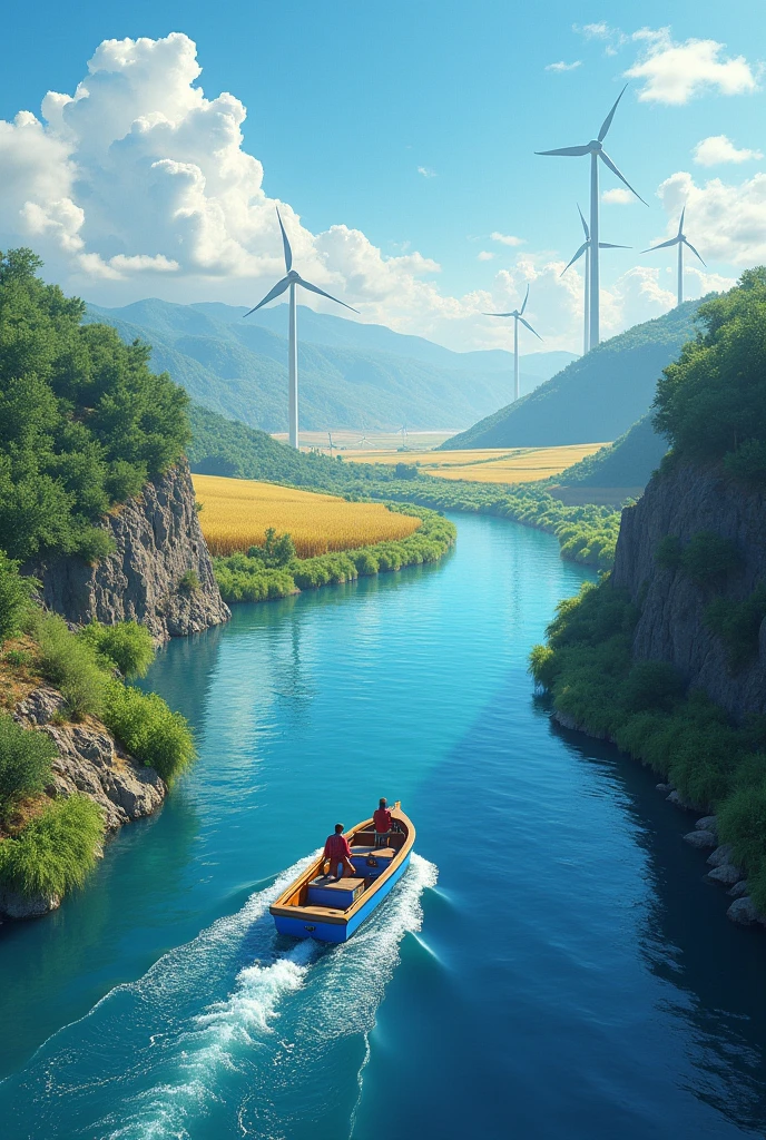 A big river with a small blue boat with two crew members, Lipigas and Sandro, In the background, native forest from southern Chile and in the background a wind farm on a field of corn and wheat