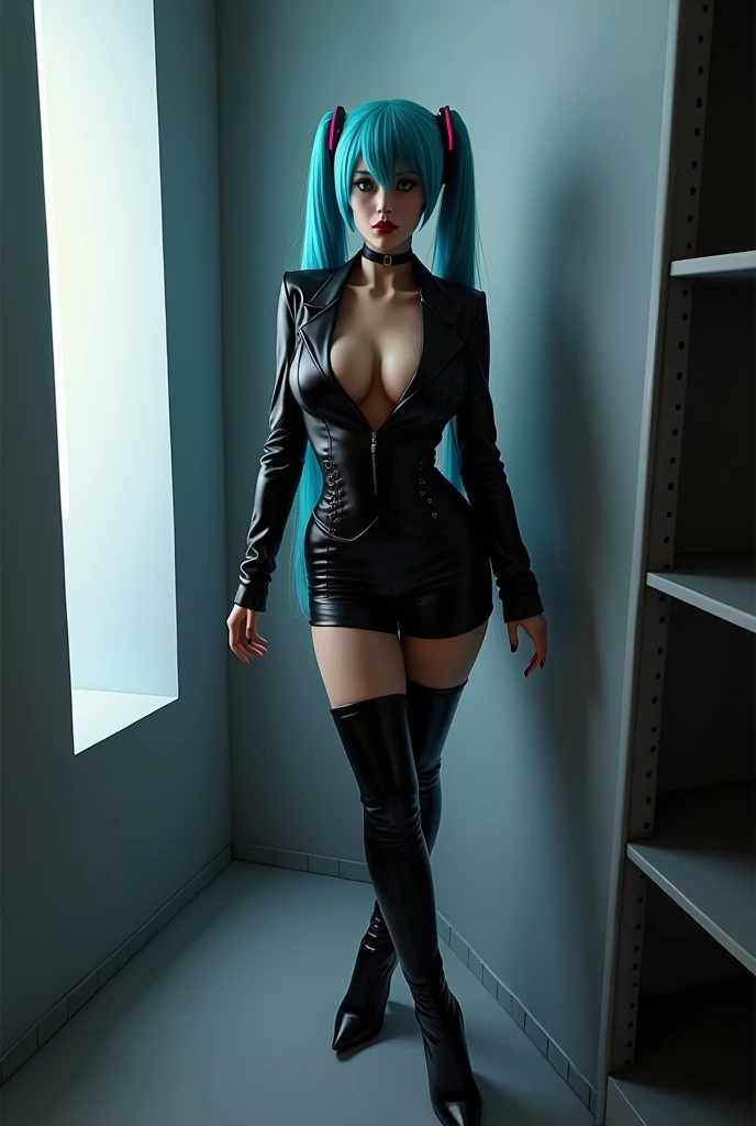 Hatsune miku in a black suit with thigh-high heeled boots and small breasts posing in a sexy way