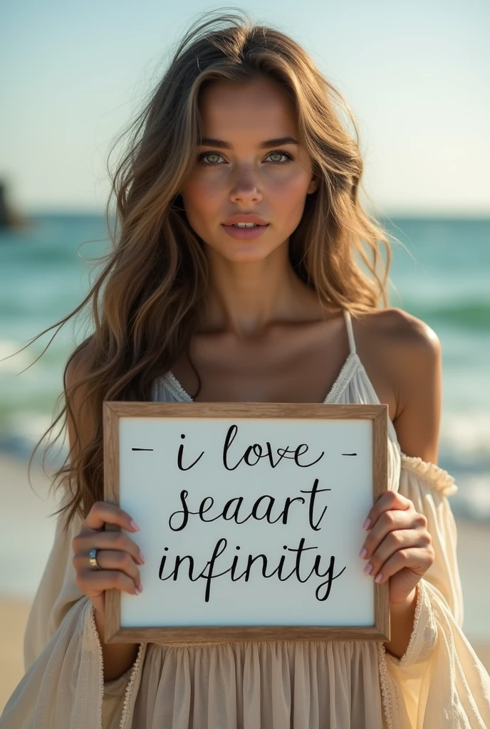 Beautiful girl with wavy long hair, bohemian dress, holding a white board with text "I Love Seaart Infinity" and showing it to the viewer