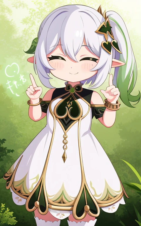 fullcg,Best quality,highest quality, 8k,Soft lighting, Confused, Looking at the audience, alone, smile, Knee socks,Nahida Genshin Impact | Character Lora 1283,((low length:1.5)),((chibi:1.5)),(()),1girl,difficult,cowboy shot,Beautiful cityscape,(standing:1.6),(Front facing:1.5),(((pretty made costume))),((making a heart with fingers)),(((wink))),