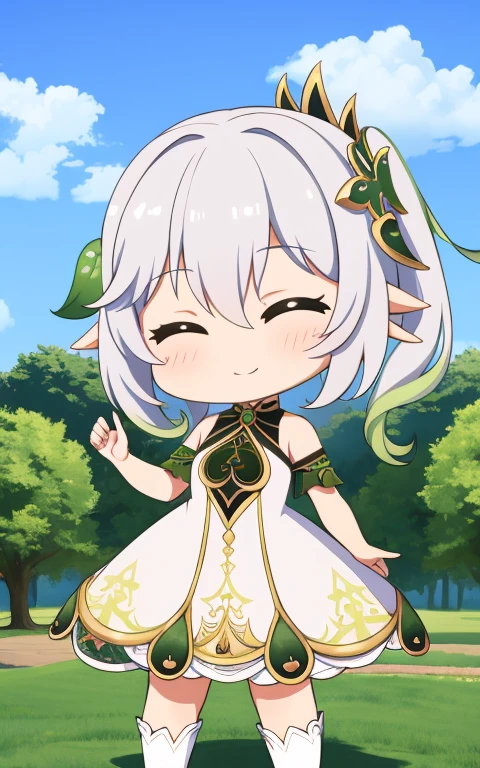 fullcg,Best quality,highest quality, 8k,Soft lighting, Confused, Looking at the audience, alone, smile, Knee socks,Nahida Genshin Impact | Character Lora 1283,((low length:1.5)),((chibi:1.5)),(()),1girl,difficult,cowboy shot,Beautiful cityscape,(standing:1.6),(Front facing:1.5),(((pretty made costume))),((making a heart with fingers)),(((wink))),
