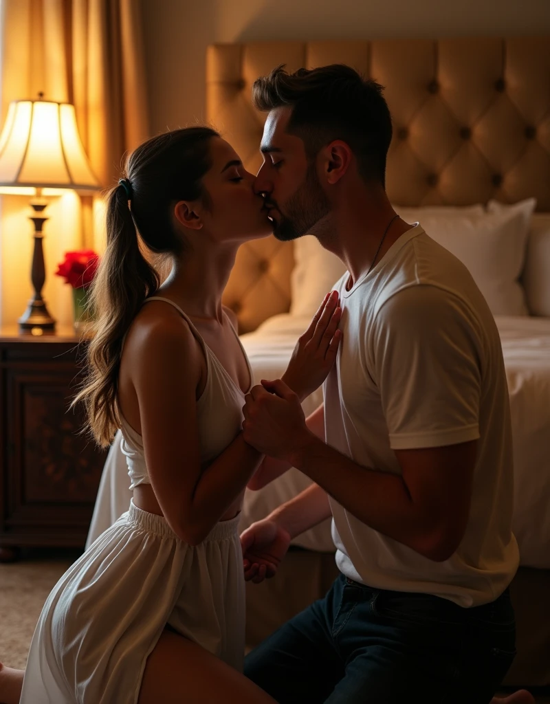  A photorealistic photo of an extremely beautiful young (((18 yrs old))) girl, pigtails, on her knees sucking her handsome young man's penis in a fancy hotel room, deep throat, (huge penis:1.6)
