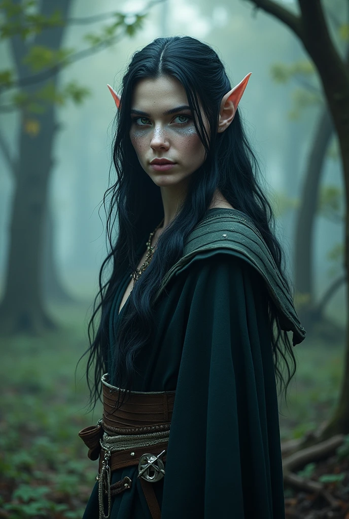 An elven hunter with silver eyes that reflect the light of the stars, long hair as black as night, pale skin with a slight ethereal glow.
Personalidade: determined, introspective, with a strong sense of duty and protection. Elara is silent, preferring the company of woods and animals, but his loyalty to his friends and his duty is unshakable