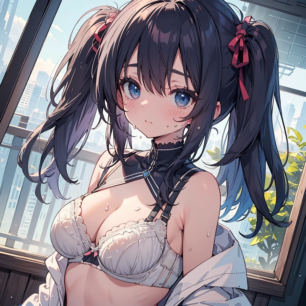 (masterpiece:1.2), Hyper Detail, Highest quality, (Complex_detailed:1.1), Beautiful details, Beautiful Hair, One personで, One person,One side up,(sweating:1.2),(vapor),Heavy breathing,vapor,chuckle,From above,shoulder,((White sexy bra)),Cleavage,dark,Backlight, shoulder focus,Focus on the chest,Greasy breasts,Focus on the chest, shoulder focus,throw,Upper Body,Niiro,Part of the picture goes outside the frame,