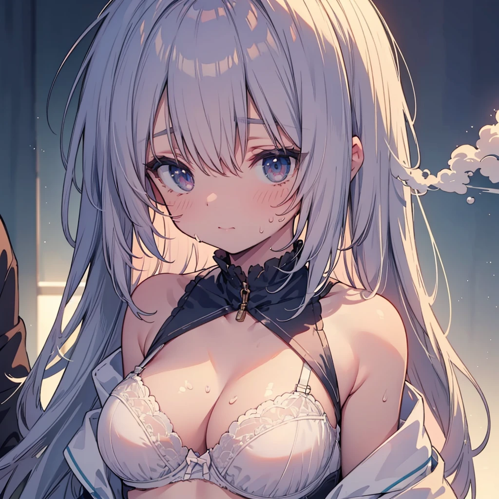 (masterpiece:1.2), Hyper Detail, Highest quality, (Complex_detailed:1.1), Beautiful details, Beautiful Hair, One personで, One person,One side up,(sweating:1.2),(vapor),Heavy breathing,vapor,chuckle,From above,shoulder,((White sexy bra)),Cleavage,dark,Backlight, shoulder focus,Focus on the chest,Greasy breasts,Focus on the chest, shoulder focus,throw,Upper Body,Niiro,Part of the picture goes outside the frame,