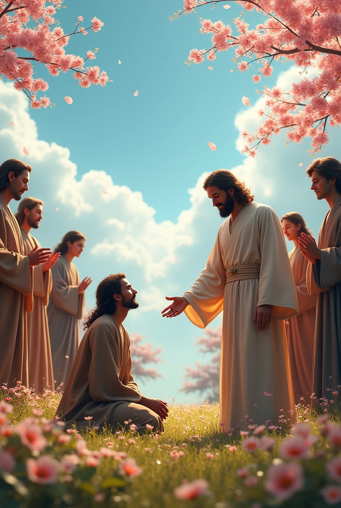 Jesus Christ touching the head of a kneeling person while several people around pray in an open field full of flowers and the cherry trees swaying, dropping petals and the blue sky with light clouds in a very realistic and cinematic scene