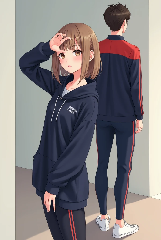 Make a picture of a girl with straight hair, light brown eyes, Full and pink lips, making a heart with his hand on his cheek, with a navy blue diver with red stripes and a navy blue jacket with red stripes and white sneakers