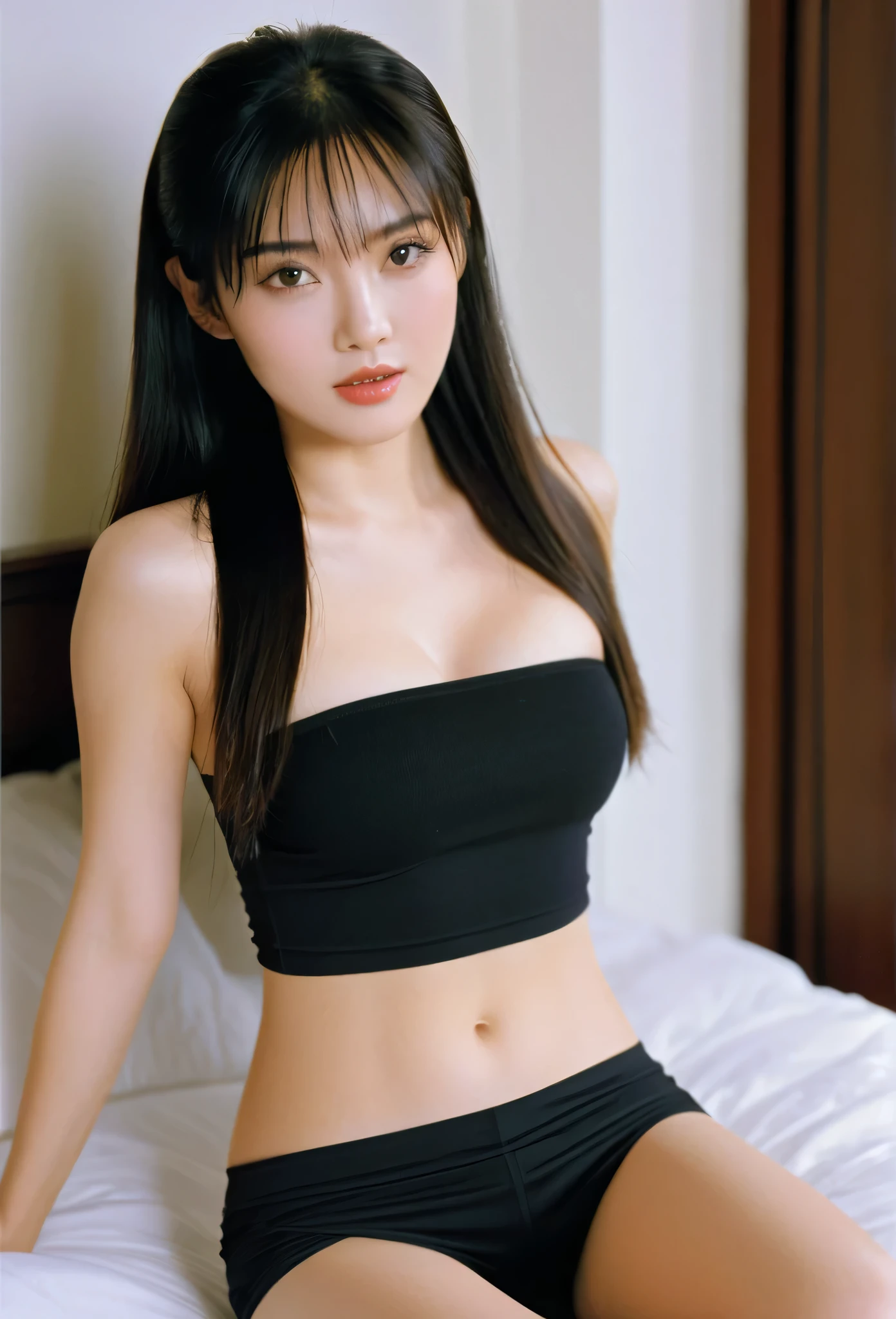 close-up of beautiful Chinese-Hongkong, Teresa Mak is a Chinese-Hongkong actress and model, Shan is a female character Street of Fury 1996 Chinese-Hongkong action movie, age 20 years girl, youthful face, white skin body, perfect body, very classic length hair, ((rapunzel long hair)), standard black hair, her hair is very straight and smooth, flat bangs hair, very long hair and very straight hair with bangs, 38 inches breasts size, wearing a plain standard dark black long strapless tube top, wearing a tight plain standard dark black seamless spandex boyshort pant short leggings, Shan’s clothes were cut off by her boyfriend using scissors from the tank top to the tube top to make Shan sigh and tease, strand by strand Shan’s clothes fell because they had been cut, the rest of Shan’s clothes were scattered at the bottom because they had been cut, Shan’s clothes showed off her breasts because they were cut off by her boyfriend so that they looked more sexy and seductive, Shan's leggings were cut by her boyfriend using scissors to make Shan sigh and tease, strand by strand of Shan's leggings fell because they were cut, the rest of Shan's clothes were scattered at the bottom because they were cut, Shan's leggings became short because they were cut by her boyfriend so that they looked more sexy and seductive, sexy looking pose, naughty looking pose, seductive looking pose, the pose looks coquettish, at the boyfriend's bedroom, boyfriend's bedroom background, UHD
